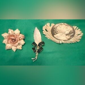 Elegant Trio of Brooches - Rose, Leaf, and Cameo